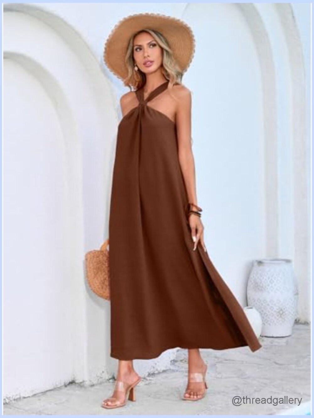 Sleeveless Halter Maxi Dress Side Slit Vacation Beach Casual Flowy - Picture 6 of 7